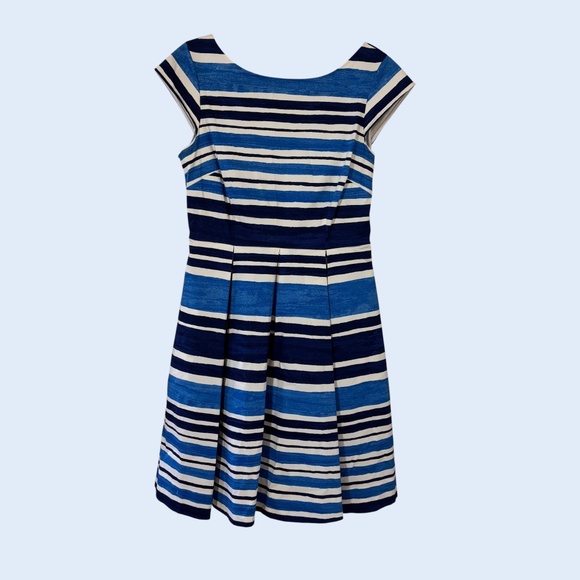 Kate Spade Blue White Striped Fit & Flare Dress Size Sm 6 Cotton Stretch Pockets - Picture 1 of 14